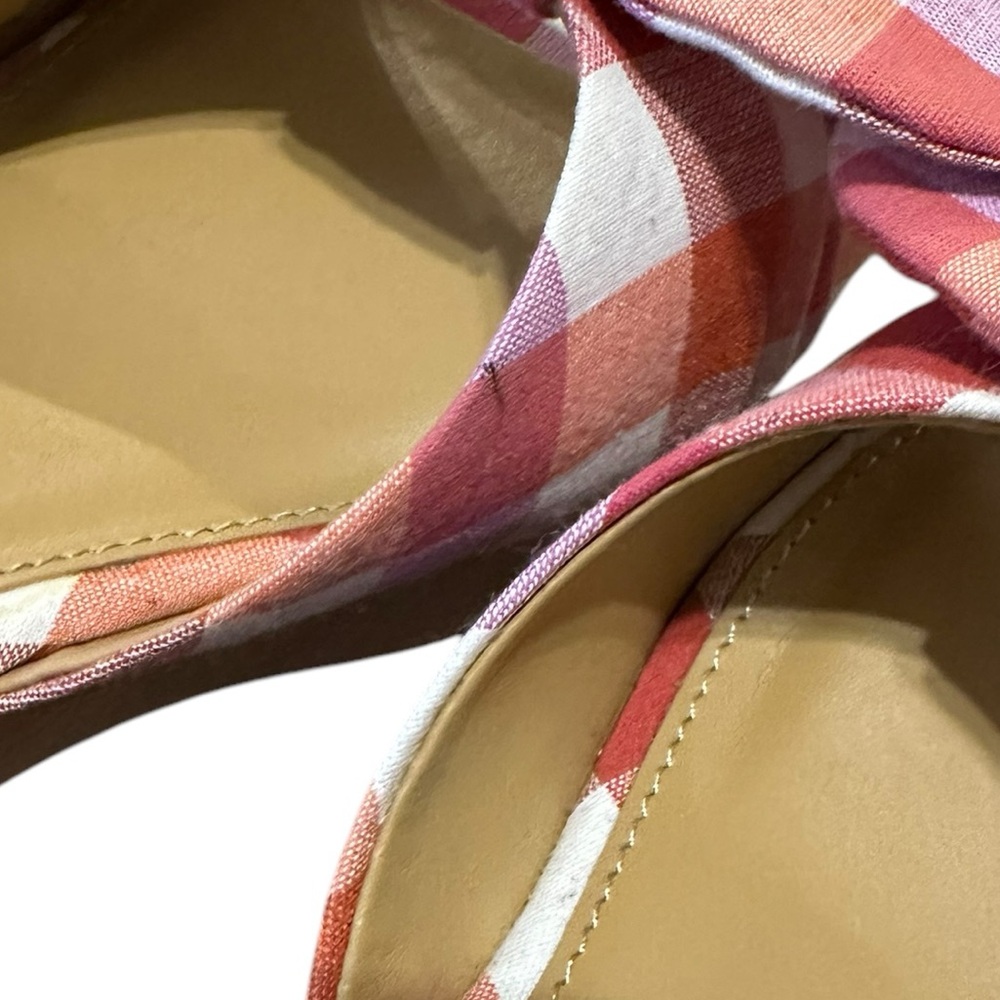 J.CREW pink plaid gingham bow open toe slip on wooden sole chunky heel sz 9 NWOT - Picture 8 of 8